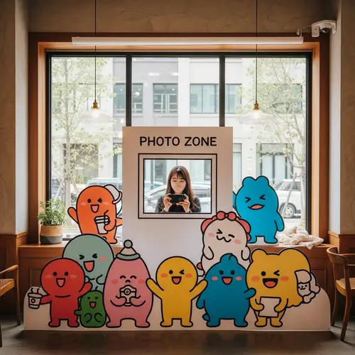 Cozy Coffee Shop with Cartoon Characters Photo Zone