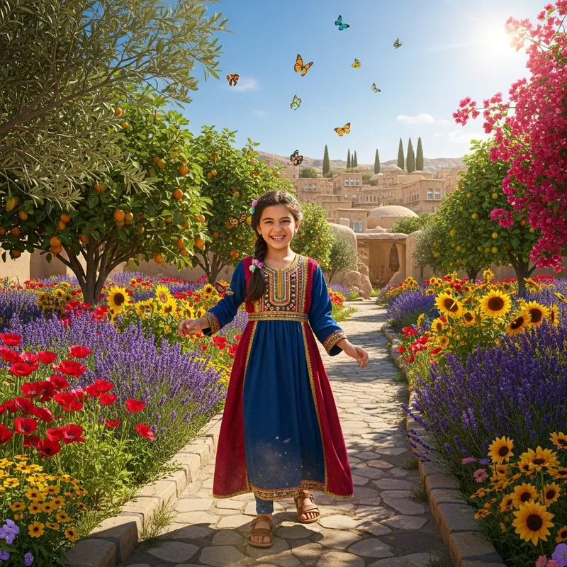 Charming Arab Girl in Vibrant Garden Scene