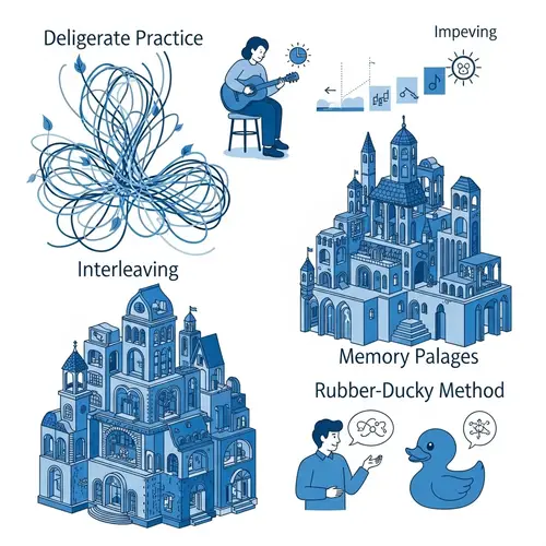 Learning Strategies in Blue: Deliberate Practice, Interleaving, Memory Palaces, Rubber-Ducky Method