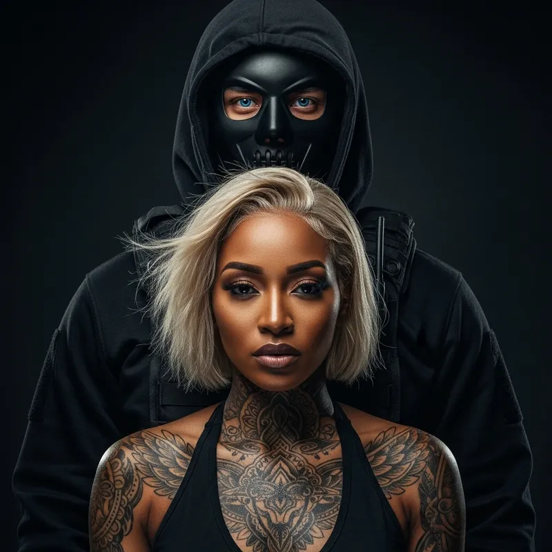 Protective Man in Tactical Gear Shielding Woman with Tattoos