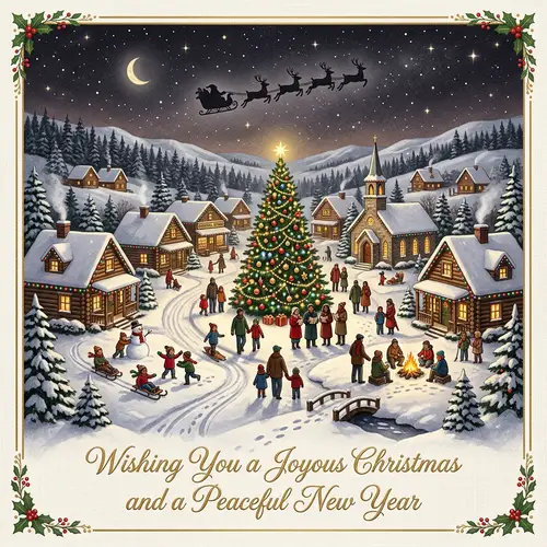 Traditional Christmas Card with Snow-Covered Village Scene