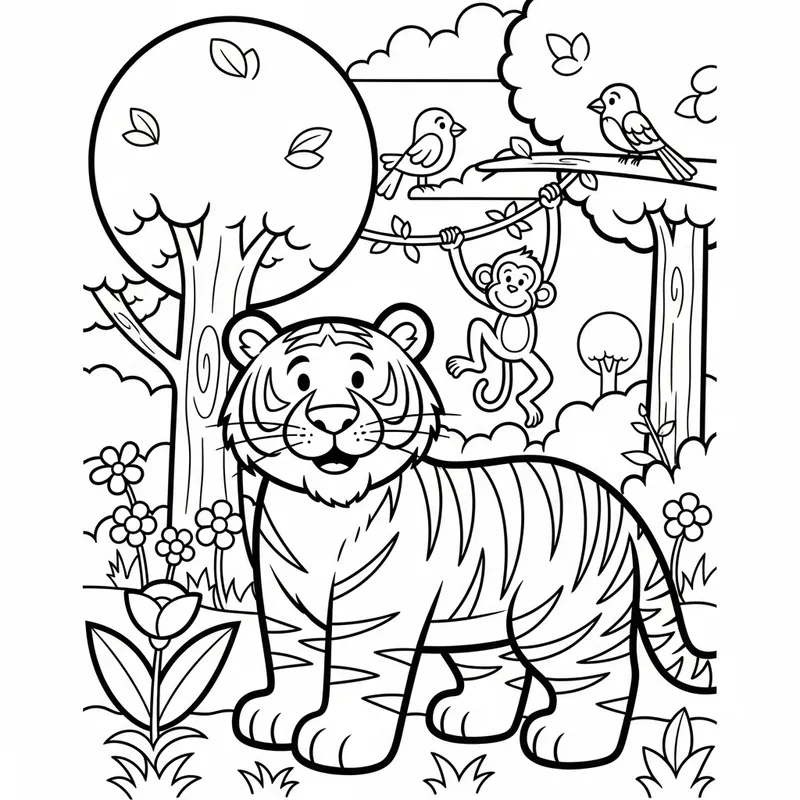 Friendly Tiger in Vibrant Jungle for Coloring Book