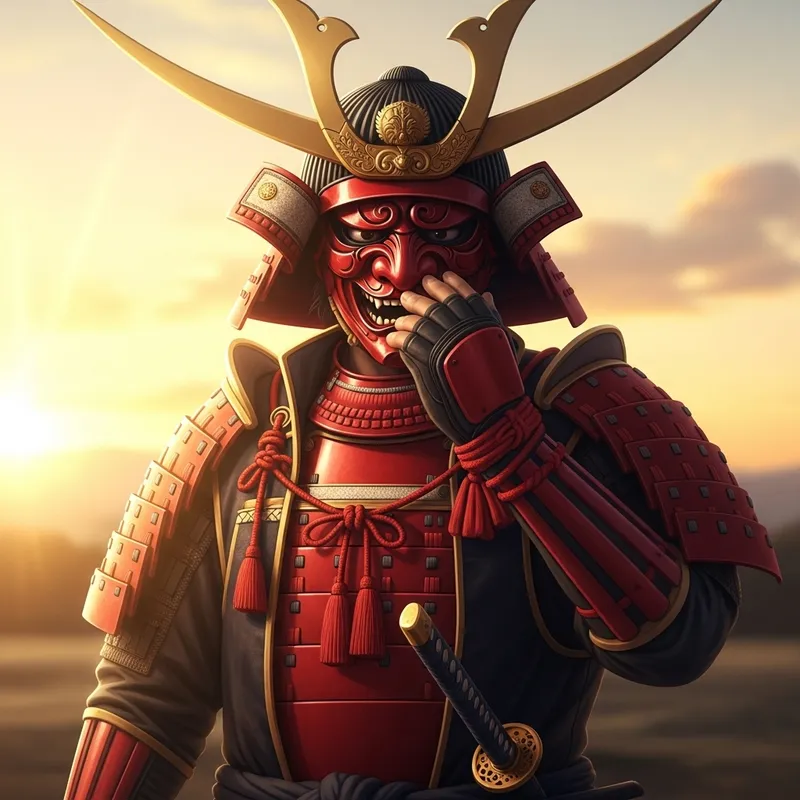 Samurai in Striking Red Armor | Demon Mask & Rising Sun