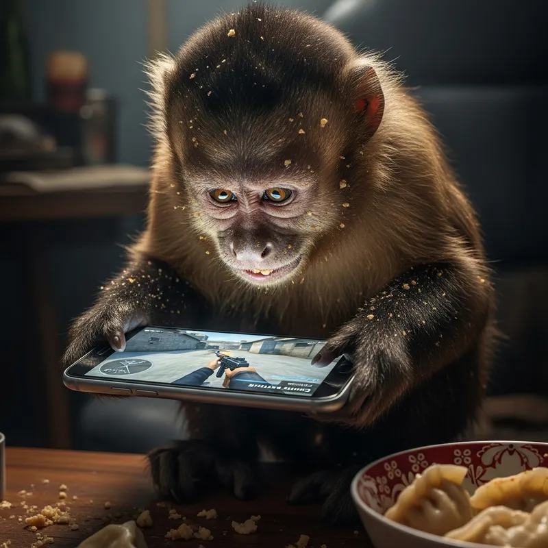 Dirty Monkey Feasting on Dumplings Plays Counter Strike 2 on Phone
