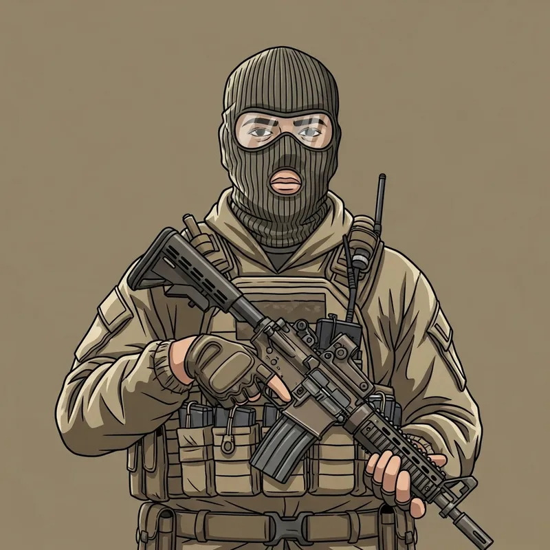 Cartoon Character in Ski Mask with Rifle and Tactical Gear