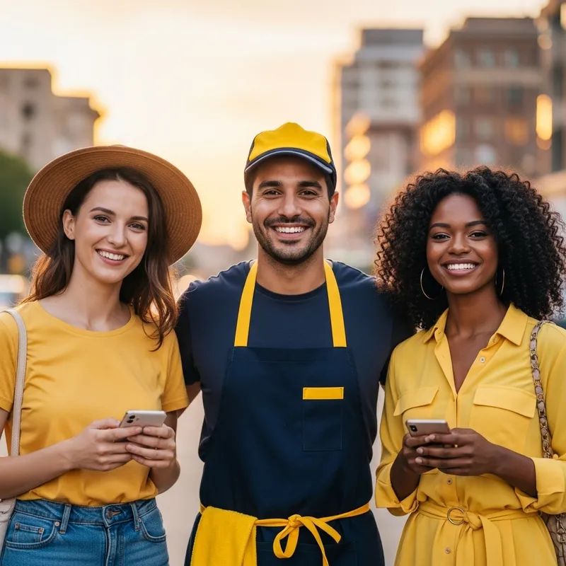 Charming Hispanic Grocer Surrounded by Smiling Women in Urban Sunset Scene