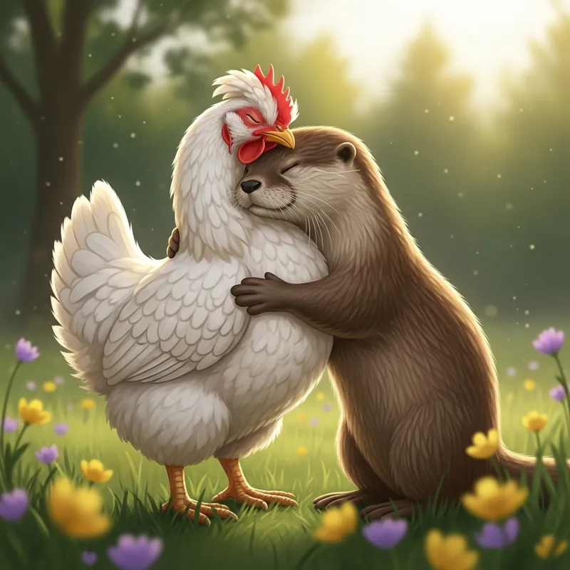 Chicken and Otter Hugging - Heartwarming Wildlife Friendship