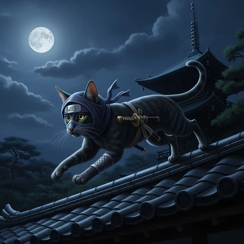 Ninja Cat - Agile Feline Roaming a Japanese Garden