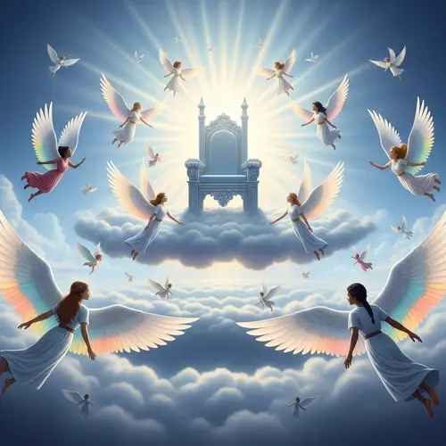Majestic Divine Scene in Celestial Sphere | Ethereal Beings Soaring Around Heavens Chair