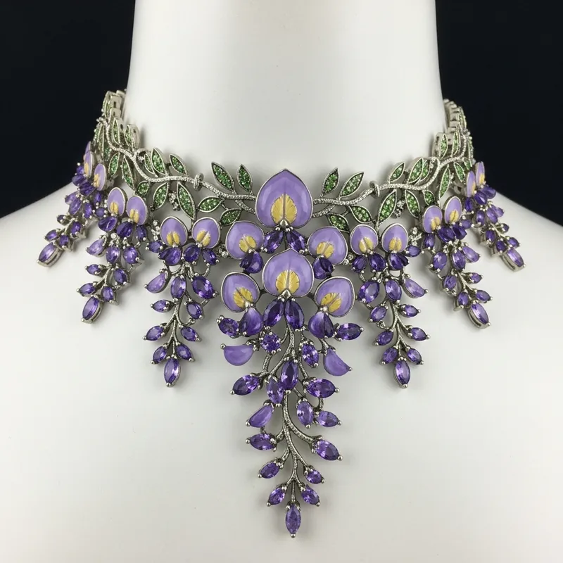Wisteria Flower Choker Necklace | Metal & Stone Jewelry for Neck Decoration