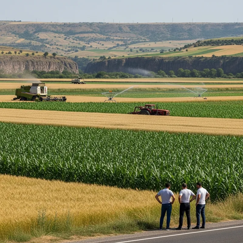 Agricultural Scene: Vibrant Field with Corn, Barley, Peas, and Beans