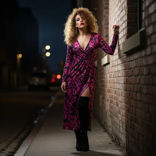 Latinx Woman on Dark Street: Mysterious Beauty in Urban Setting