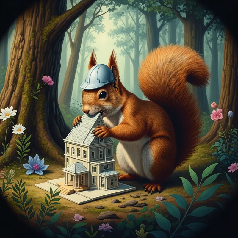 Mischievous Architect Squirrel in Vibrant Forest | Surreal Magic
