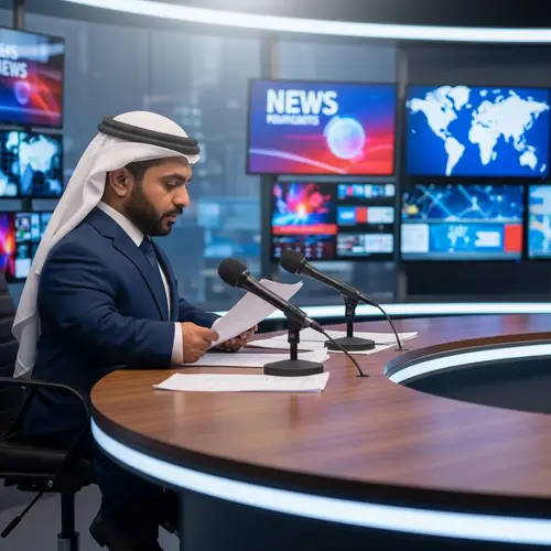 Middle-Eastern Male Dwarf Newscaster in Modern Newsroom Studio