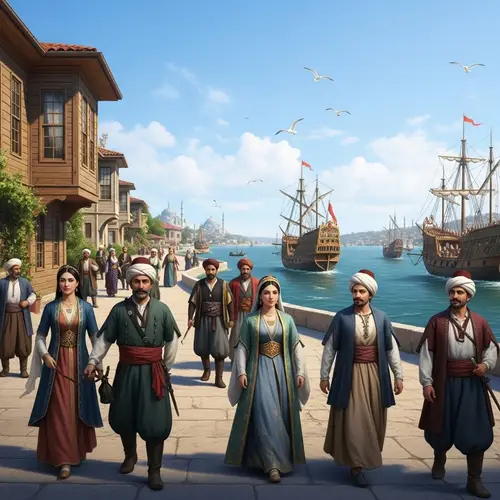 Sunny Ottoman Era Seaside Scene with Ships and People