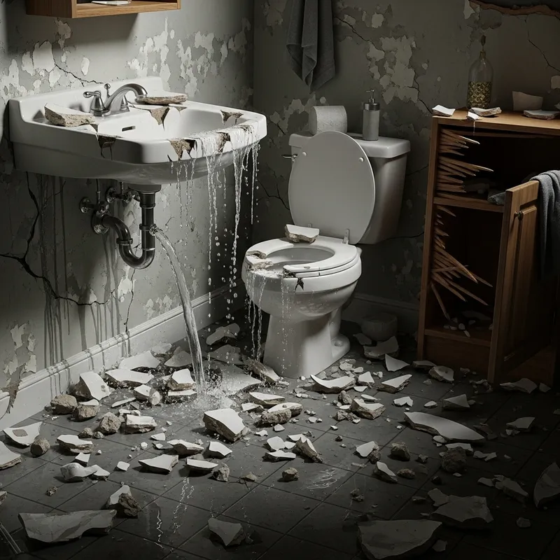 Bathroom Chaos: Shattered Sink & Overflowing Water