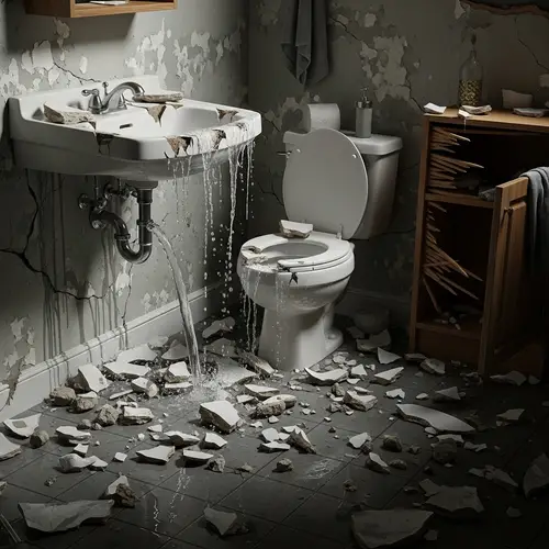 Chaotic Bathroom Scene: Broken Ceramics & Gushing Water