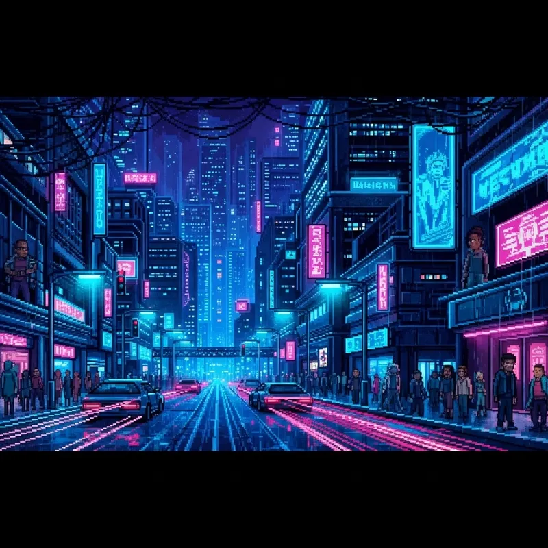 Cyberpunk Pixel Art Night Cityscape Wallpaper