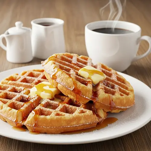 Delicious Golden-Brown Waffles with Butter and Syrup