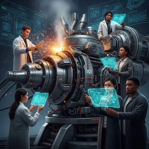 Humans Overworking a Futuristic Machine