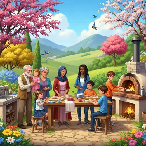 Multi-Ethnic Family Celebrating New Year in Ancient Middle-Eastern Village