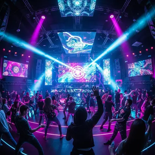 Futuristic Techno Rave: Vibrant Cyberpunk Dance Party