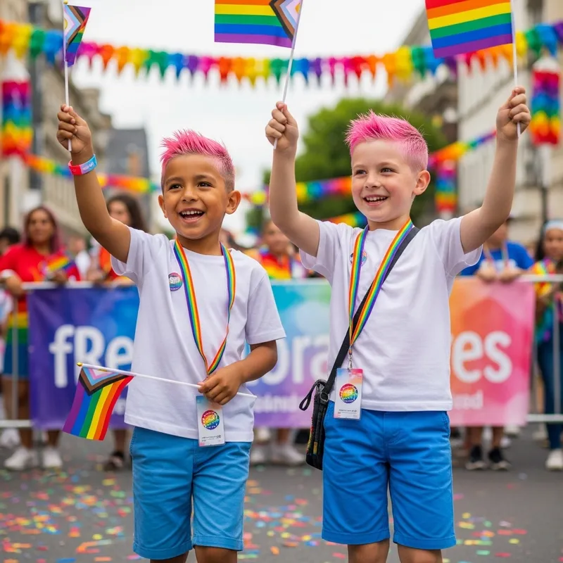 Diverse Boys with Pink Hair Celebrate at Gay Pride Parade