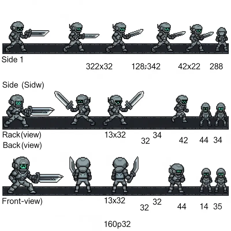 Futuristic-Style Pixel Art Sprite Sheet - SciFi RPG Character Frames Futuristic-Style Pixel Art Sprite Sheet - SciFi RPG Character Frames