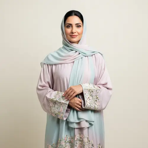 Modest Abaya in Soft Pastel Colors | Elegant Studio Portrait