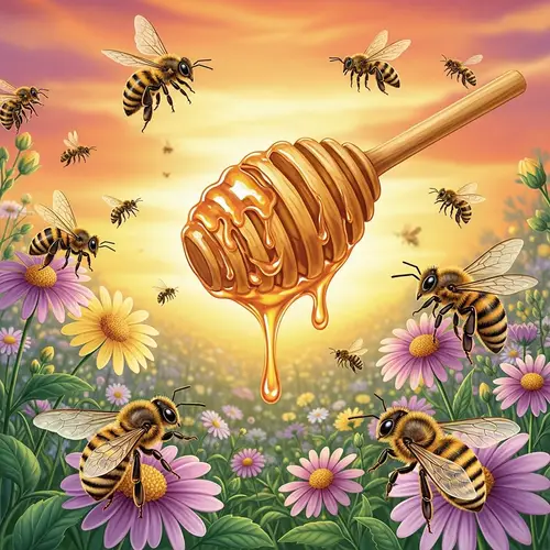 Healthy Bees and Golden Honey in Vibrant Garden Scene