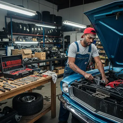 Experienced African American Mechanic Working on Vintage Car
