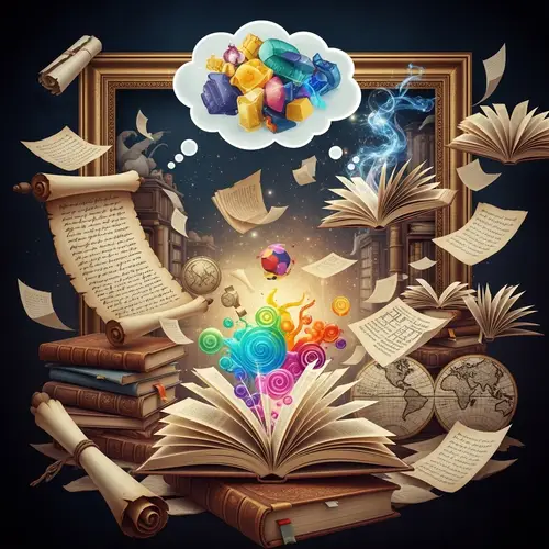 Artistic Exploration of Knowledge: Scrolls, Antique Books, and Maps