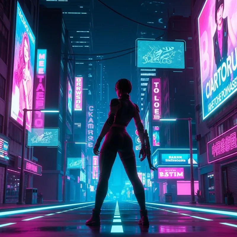 Futuristic Neon-Lit Metaverse Cityscape with Cybernetic Female Figure