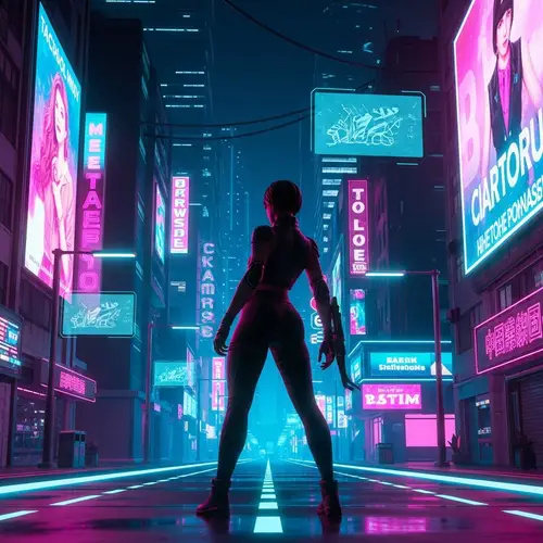 Vibrant Neon-Lit Street in Digital Metaverse - Cybernetic Explorer