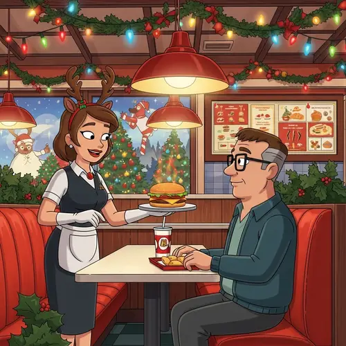 Festive Fast Food Restaurant: Colorful Christmas Decor & Heartwarming Moments