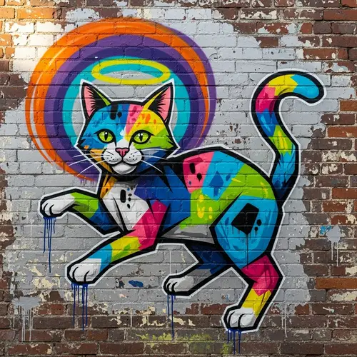 Colorful Street Art Graffiti Cat on Brick Wall