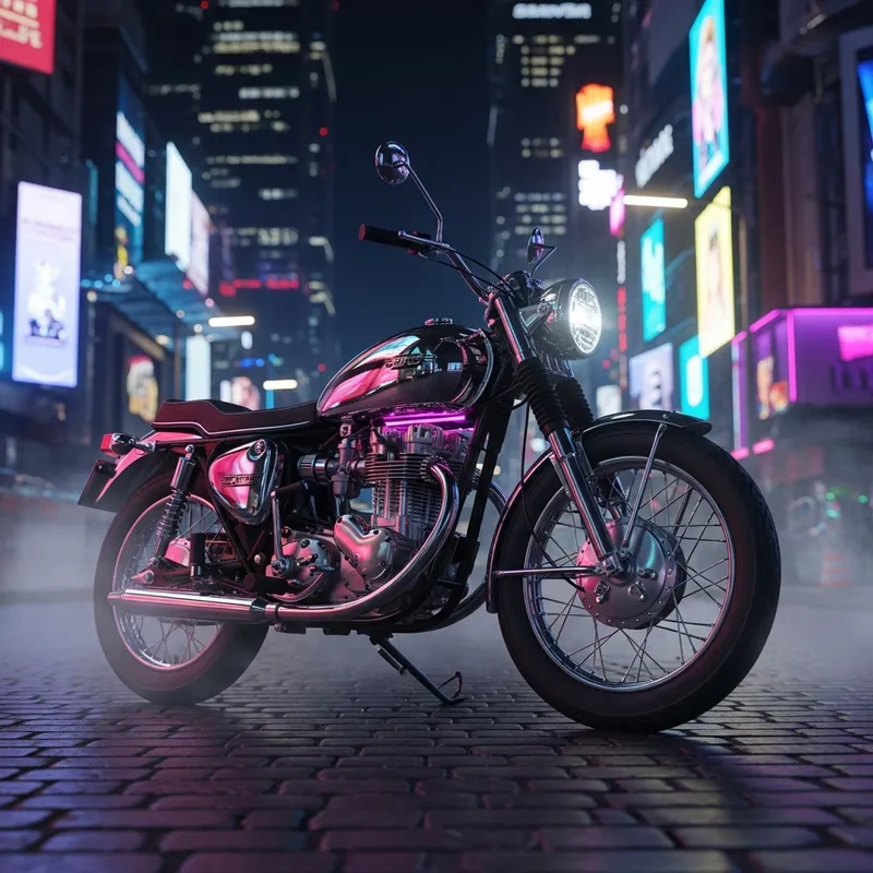 Vintage Cyberpunk Motorcycle in Nighttime Cityscape