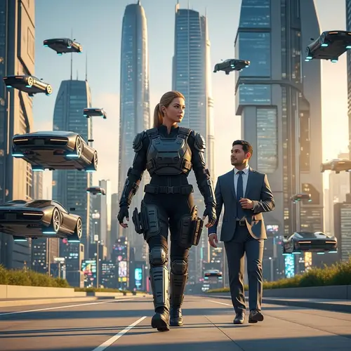 Professional Female Bodyguard Ensuring Safety in Futuristic City