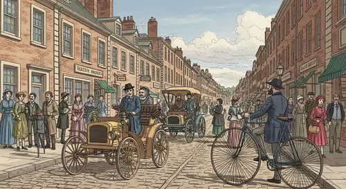 19th Century Street Scene with Vintage Cars and Bicycles