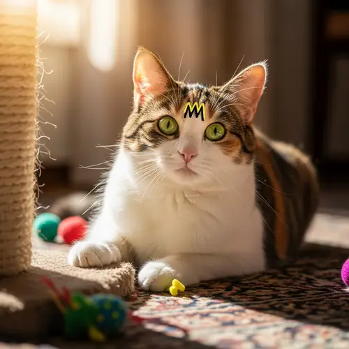 Adorable Calico Cat Lounging on Vintage Rug | Domestic Cat Scene