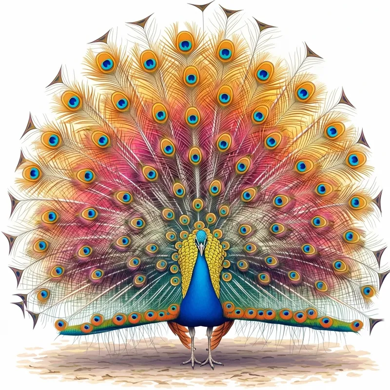 Extravagant Peacock Tail Feathers in Orange, Pink, Blue & Yellow