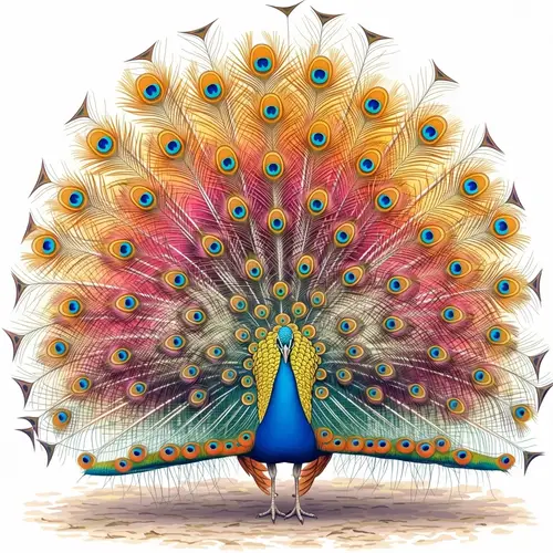 Extravagant Peacock Displaying Orange, Pink, Blue & Yellow Tail Feathers