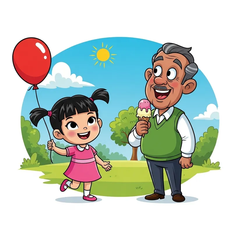 Asian Cartoon Characters Enjoying a Sunny Day in the Park
