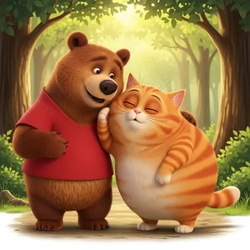 Cute Bear Kisses Cat in Peaceful Forest Scene