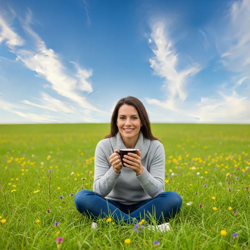 Woman Enjoying Coffee in the Field | Serene and Peaceful Scene