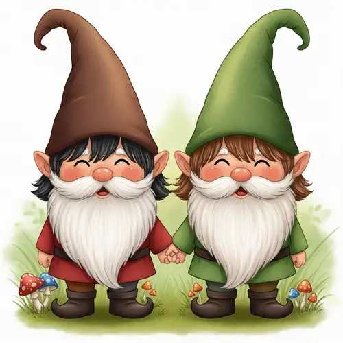 Adorable White Gnomes Holding Hands - Magical Illustration