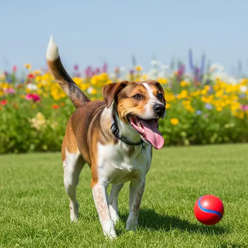 Excited Dog Playfully Wagging Tail in Lush Green Field