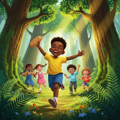 Joyful Black Boy Running in Forest with Playmates | Website Name