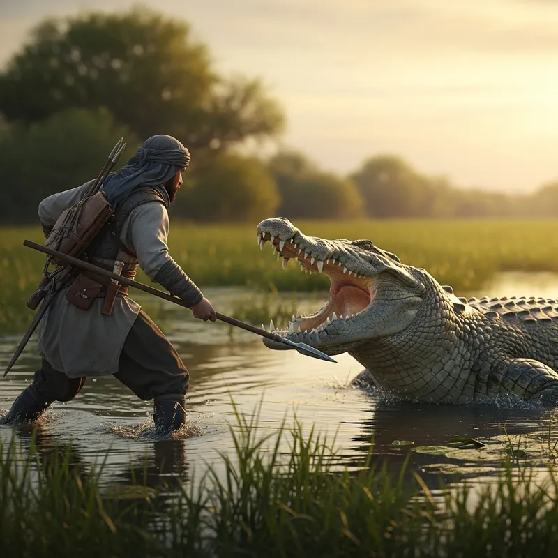 Courageous Middle Eastern Warrior vs Giant Crocodile in High-Action Battle Scene