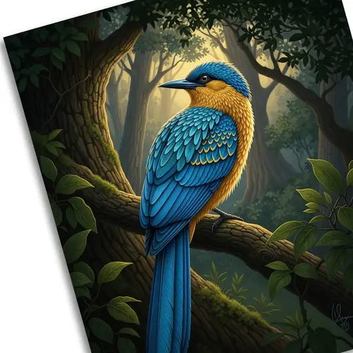 Spectacle of Evolution: Azure & Gold Bird in Tranquil Forest